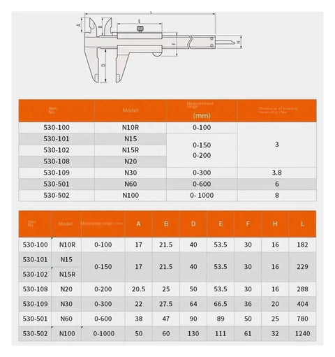 Industrial Grade Stainless Steel Vernier Caliper Dead Accurate Measuring Tool chart showing model specifications and measurements.