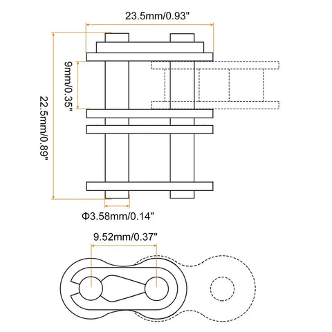 Technical diagram of Eight Piece Double Roller Chain Master Link Set for 06C-2 and 35-2 Chains with 9.525mm pitch.