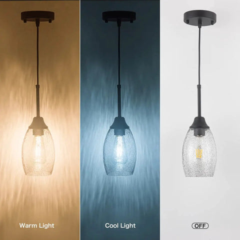 Black Seeded Glass Mini Pendant Light Adjustable Pendant Fixtures With Handblown Seeded Glass Shade shown in warm, cool, and off modes