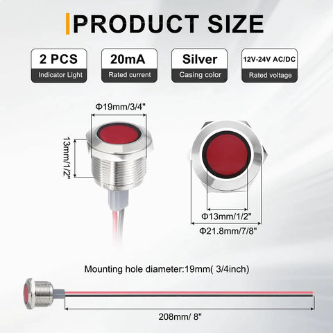 Top Tier Hella Rugged Badass Led Indicator Light 19Mm 3/4 Inch Red with 8 Inch cable for vehicles and machinery control