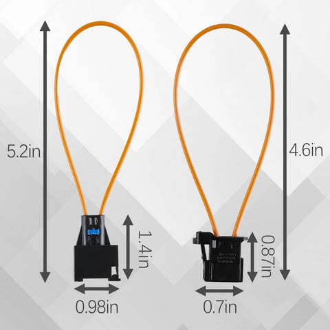 Front view of two orange looped fiber-optic bypass adapters with black housings for Mercedes, Audi, BMW, VW, Porsche.