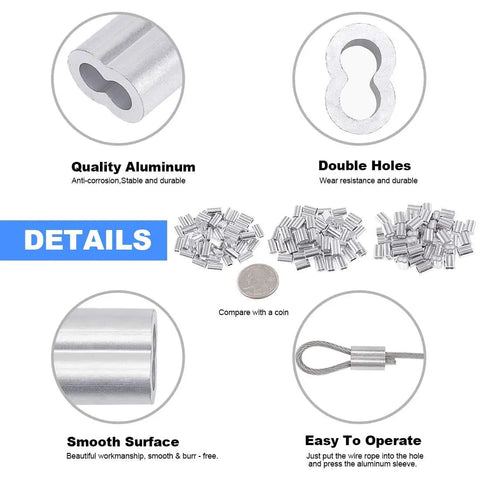 Detailed view of 150 aluminum ferrule sleeves for 2.2mm Wire Rope Crimping Tool Kit, highlighting features and comparison with a coin.