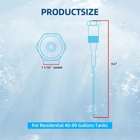 Diagram showing dimensions of powered anode rod for 40 to 120 gallon tanks with hex head style.