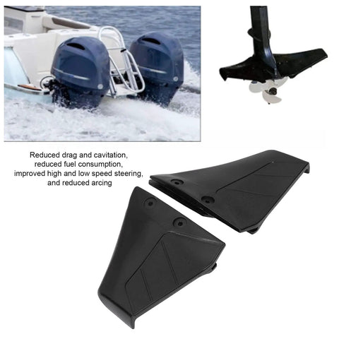 Plastic Hydrofoil Stabilizer Fins For 4 To 50HP Outboard Motors Get On Plane Faster, dual image with fins and boat in water