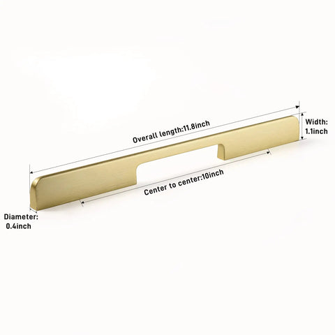 Dope 10 Inch Center Hole Brass Bar Cabinet Pulls Set Five Handles Modern Cupboard Dresser Hardware With M4 Screws Includes Pack Overall Length 11.81 Inches Extra Screws Included In Box For Easy Install, showing a single brass pull with dimensions marked.