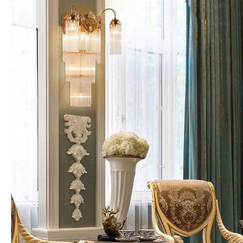 Luxe Copper Crystal Wall Sconce With Vintage Glass Rod Accent For Bedroom Entryway And Living Room Featuring Quick Install Kit, elegant design on wall.