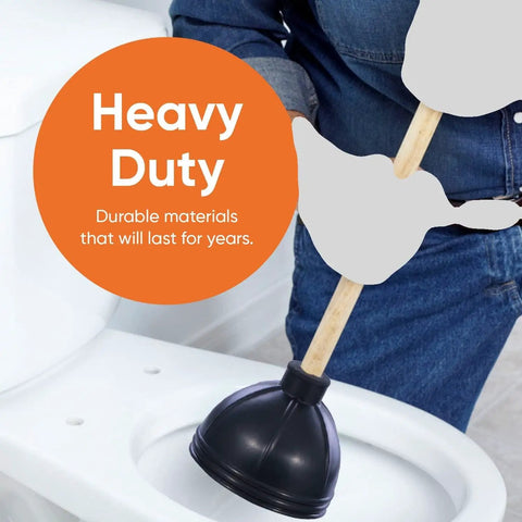 Classic Heavy Duty Toilet And Sink Plunger With 21 Inch Natural Wood Handle, Thick Black Rubber Cup, Built Tough To Blast Away Stubborn Clogs, Easy Suction For Quick Fixes in use above a toilet.