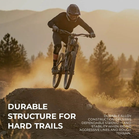 Mountain biking on rough terrain with Beefy 35 MTB Handlebar With 800mm Width And 38mm Rise 35mm Clamp Aluminum Alloy Chrome Finish.