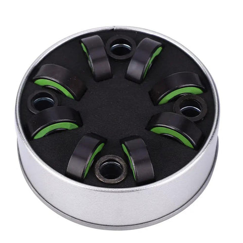 Premium Chrome Steel Skateboard Bearings With Extended Inner Ring For Zero Wobble And Razor Sharp Alignment, displayed in a round tin.