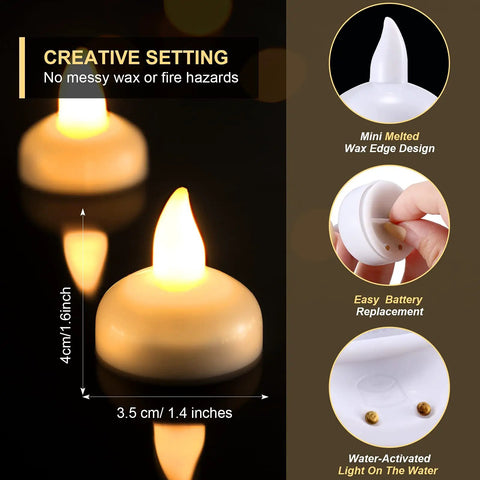 Close-up of 48 Piece LED Floating Candles Flameless Waterproof Tealights with warm white light on reflective surface