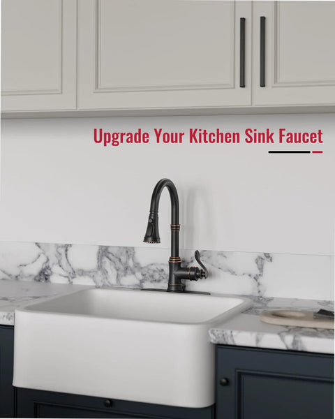 Oil Rubbed Bronze Kitchen Faucet With Pull Down Sprayer, Three Spray Modes, visible in a modern kitchen setup