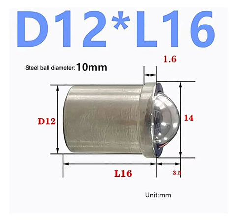 Top Shelf 304 Stainless Steel Spring Ball Plunger D12XL16 dimensions diagram showing steel ball diameter and measurements.