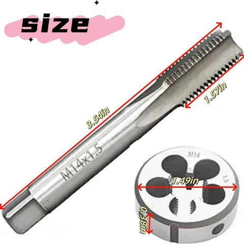 Workhorse M14 X 1.5 Tap And Die Set for quick thread repair with M14 tap and round die dimensions shown