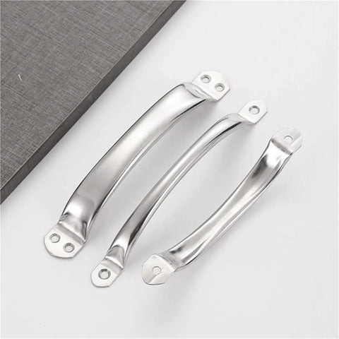 Sleek Silver Stainless Steel Cabinet Knobs And Drawer Pulls Set For Kitchen Cupboards, satin finish, three sizes displayed on gray surface