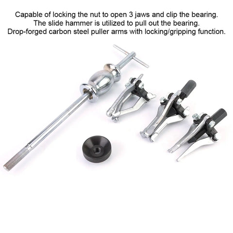 Badass 5 Piece Carbon Steel Internal External Gear Bearing Puller Removal Tool Kit With 100 MM Triple Leg Sliding Hammer 1 2 KG Weight For Strong Grip Locking Easy Extraction Of Stuck Bearings In Your Shop, five pullers and slide hammer