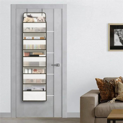 Seven Tier Over Door Hanging Storage Rack With Plentiful Mesh Side Pockets For Closets And Baths placed on a door showcasing various items.