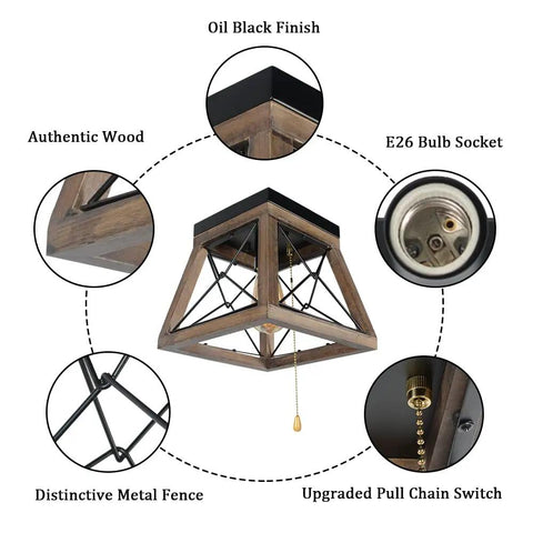Design details of Rustic Wood Farmhouse Ceiling Light With Pull Chain 1 Light Small Square Black Flush Mount for Hallway Closet Laundry Room Edison E26 Compatible Country Style Indoor Lighting, featuring authentic wood and metal, E26 bulb socket, and pull chain.