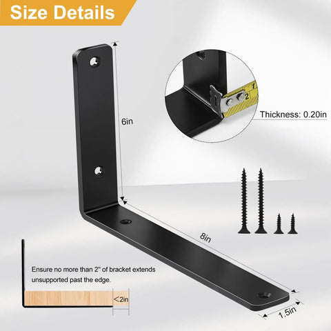 Heavy Duty Black L Shelf Brackets Four Pack Rustic Iron Floating Shelf Supports With Durable Powder Coat size measurements 6in x 8in with screws.