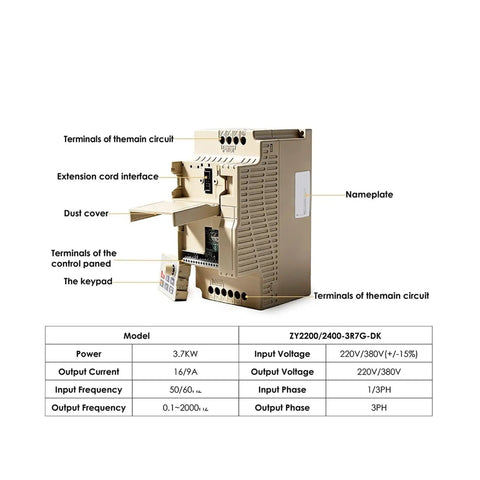 Rock Solid 3.7 kW VFD Inverter With 220V 380V Variable Frequency Drive For Industrial Motors And Low Voltage Applications, shown with terminals and keypad