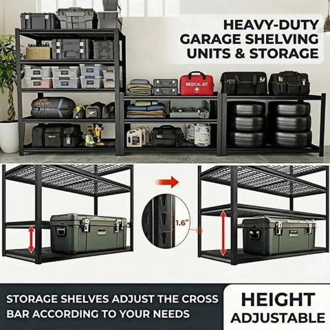 Heavy Duty 4 Tier Metal Storage Shelf With 2240 Lbs Total Capacity Adjustable Free Standing Organizer displayed with storage items