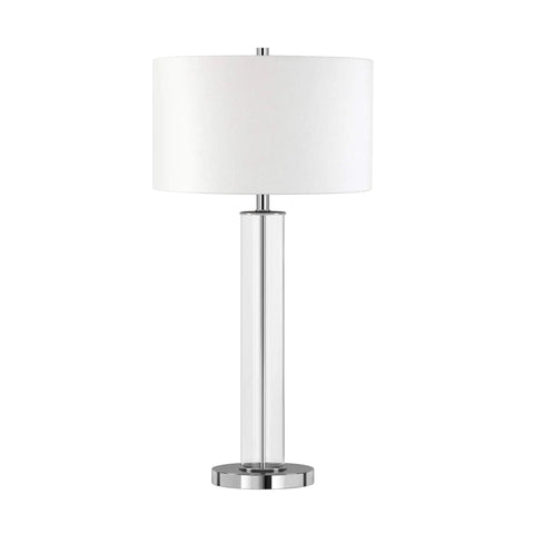 Tall 29 Inch Table Lamp With White Fabric Shade And Clear Glass Base In Polished Nickel Finish, Dope Sleek Cylindrical Vibe For Nightstands Desks Or Consoles, Long 6 Foot Cord Included