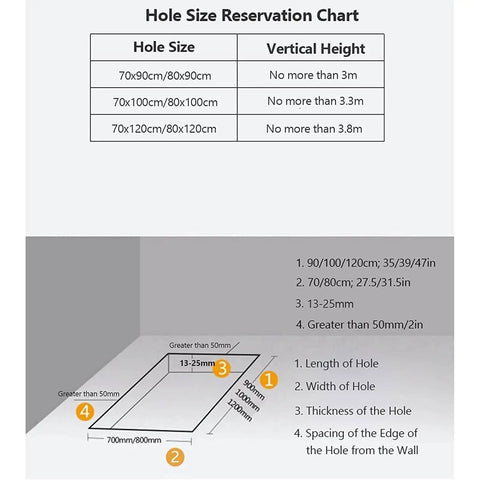 Hole size reservation chart showing dimensions for Heavy Duty Automatic Electric Attic Stairs With Telescopic Loft Ladder Design.