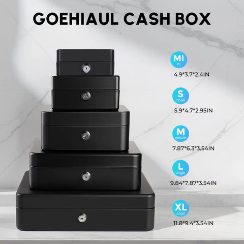 Stack of Goehiaul cash boxes in various sizes against marble background with size descriptions from mini to extra large.