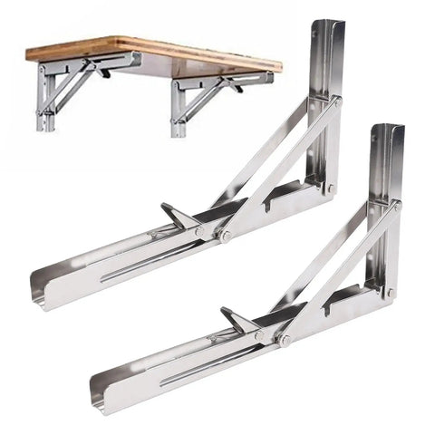 Two Pack Stainless Steel Folding Shelf Brackets For Wall Mount And Table Use Self Deploying Space Saving Design Rustproof And Heavy Duty Built To Last No Fuss Easy Install Ideal For Boats Yachts And RVs