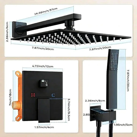 Slick Matte Black Shower Faucet Set With 10 Inch Rain Head And Handheld Sprayer, dimensions shown for detailed installation.