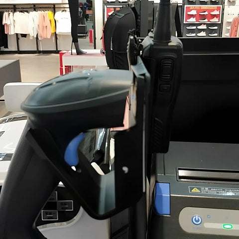 Universal Barcode Scanner Holder Wall Mount Bracket For Most Scanners, Rugged Industrial Grade Plastic, installed view in store.