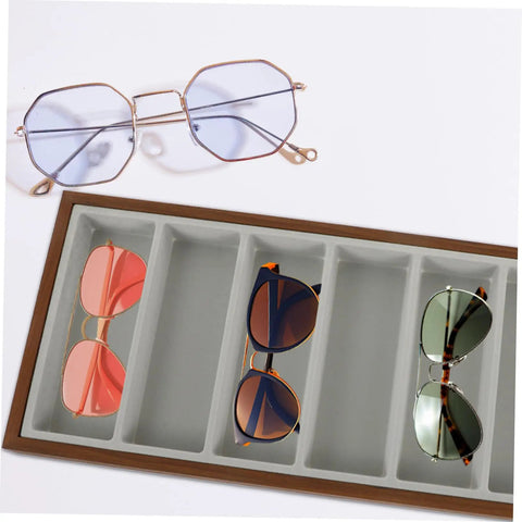 Premium Wooden Shade Keeper Tray Including Seven Gray Fabric Slots Top Tier Jewelry Glasses Watch Organizer with sunglasses.