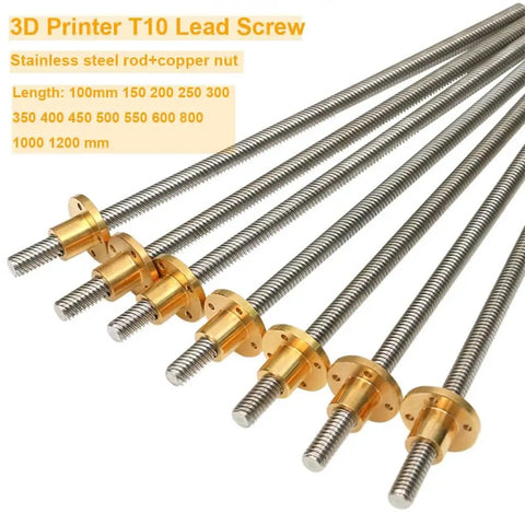 Beefed Up T10 Trapezoidal Lead Screw For 3D Printers, 10mm Diameter, 2mm Pitch, 14mm Lead, 304 Stainless Steel Rod With Copper Nut, Lengths From 100mm To 1000mm, Plug And Play Replacement With Smooth Linear Motion. 3D printer T10 lead screws with copper nuts, stainless steel, multiple lengths