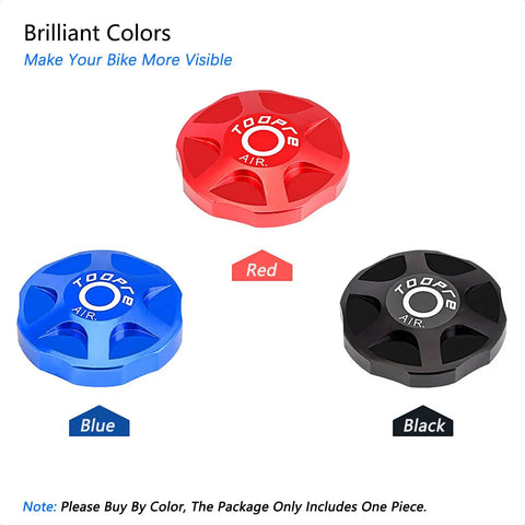 Blue Aluminum Alloy Front Fork Cap Suspension Cover for MTB and Road Bikes shown in blue, red, and black colors.