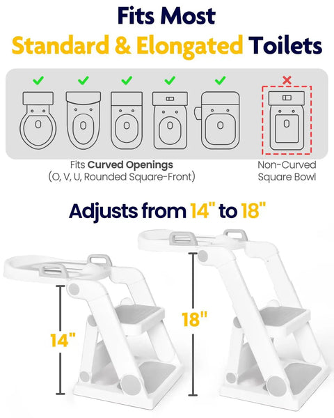Rock Solid Two In One Toddler Potty Training Seat And Step Stool With Extra Wide Anti Slip Steps Adjustable Height Splash Guard Hassle Free Setup Kid Ready In Light Grey with adjustable height features from 14 to 18 inches.
