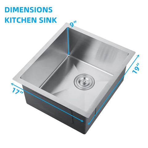 Stainless Steel Single Bowl Bar Sink With Undermount Workstation For Outdoor Kitchens And Home Bars showing 17x19x9 inches size