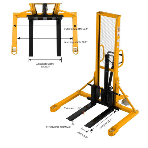 Dimensions of Industrial Grade 1100 Lb Hand Pallet Stacker With Adjustable Straddle Legs and a welded steel frame.