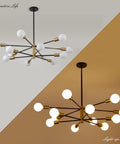 Modern 12 Light Sputnik Chandelier in Black and Gold for Dining Room Over Table, Mid Century Style Vibe, side view of fixture