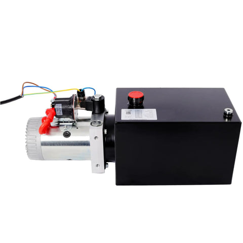 Heavy Duty 12V DC Hydraulic Power Unit With 8 Quart Steel Tank For Dump Trailer And Lift Gate, black metal tank and motor visible.