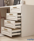 White cabinet with open drawers showing Push To Open Drawer Slide 18 Inch Kit With 3 Fold Full Extension Heavy Duty 100lb Load Capacity Ball Bearing Side Mount For Handleless Cabinets And Drawers Black 5 Pair installed.