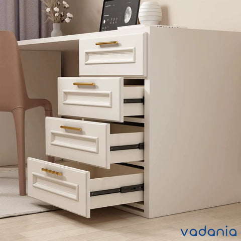 White cabinet with open drawers showing Push To Open Drawer Slide 18 Inch Kit With 3 Fold Full Extension Heavy Duty 100lb Load Capacity Ball Bearing Side Mount For Handleless Cabinets And Drawers Black 5 Pair installed.
