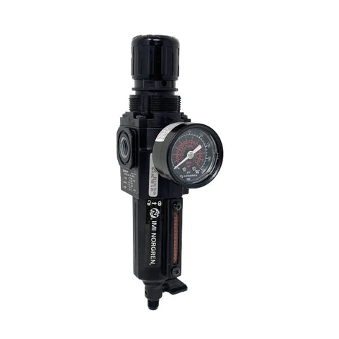 Rock Solid Combo Filter Regulator With One Quarter Inch Npt Connection And Knurled Dial, showcasing gauge and drain knob, black metal construction.