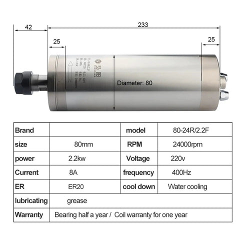 Diagram and specifications of High Speed CNC Milling Spindle Motor 2.2kW ER20 Water Cooled 24000 RPM 400 Hz 220 380V