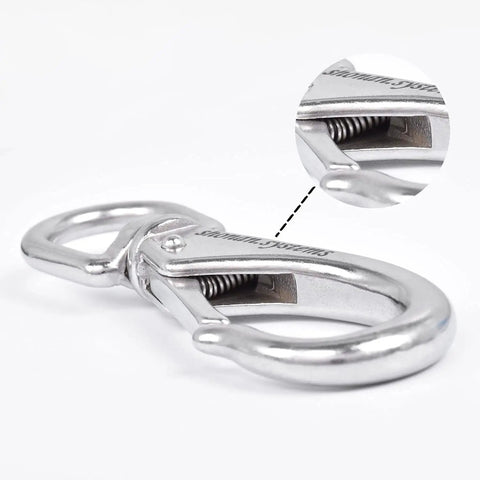 Close-up of Beefy Large Stainless Steel Swivel Snap Hooks 4.6 Inch Heavy Duty Boat Clips two pack, showing spring mechanism.