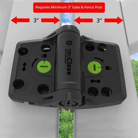 TruClose Multi Adjust Tough Built To Last Gate Hinges shown on two white gate panels with spacing instructions.