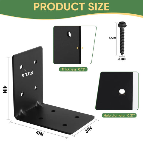 4 Pack 4x4x3 Inch Heavy Duty L Corner Brackets 3mm Thick Black Steel One Piece Molded Design shown with dimensions and screw.