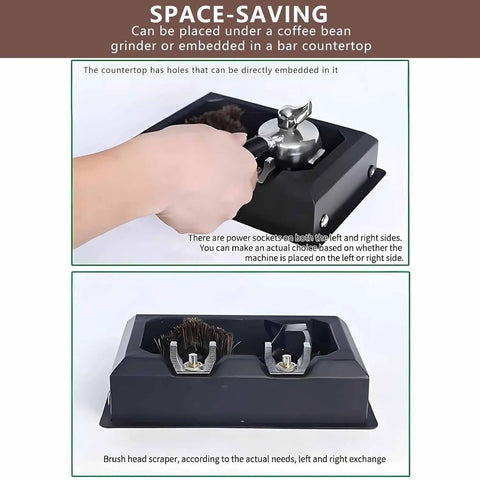 Kick Stubborn Espresso Grinds Effortlessly With This Blazing Fast 58 mm Electric Portafilter Cleaner And Knock Box showcasing its space-saving design.