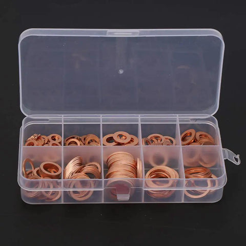 Sweet Set Of Superb Solid Copper Flat Washers Sizes M5 Through M14 Featuring High Conductivity Electrical Grounding For Heavy Mechanical Jobs Plus Quality Durable Hardware Kit Always Inside Handy Storage Box For Everyday Diy Home Repair And Work, in plastic storage box
