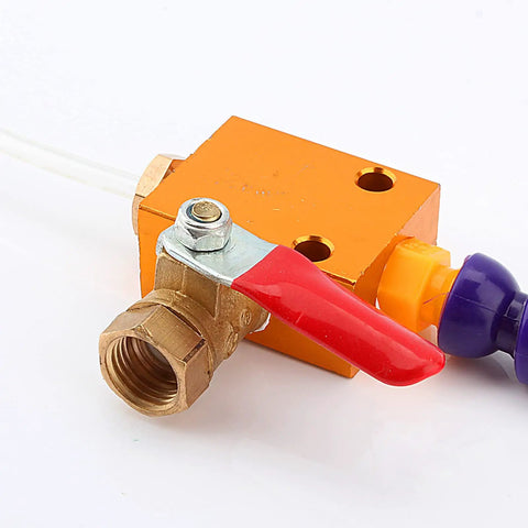 Heavy Duty Coolant Sprayer For Cnc Milling And Precision Engraving valve with red lever and orange body for adjustable lubricant.