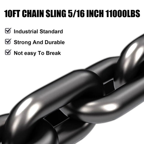 Heavy Duty Four Point Chain Lifting Sling Kit, 5/16 Inch X 10 Feet With Solid Hooks And Work Gloves, 11000 Lb Capacity rigging close-up of durable chain links.