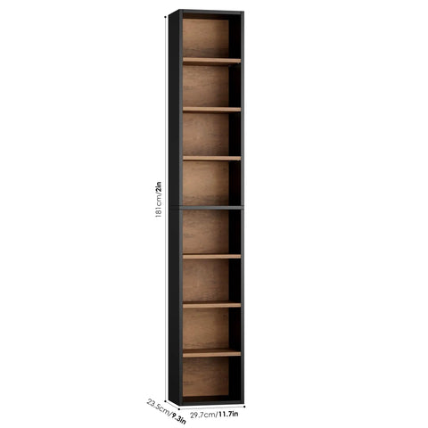 Heavy Duty Eight Tier Narrow Bookshelf With Adjustable Wooden Shelves Sleek Media Tower Rack For DVD And CD Storage Top Shelf Particleboard Design dimensions showing height and width.